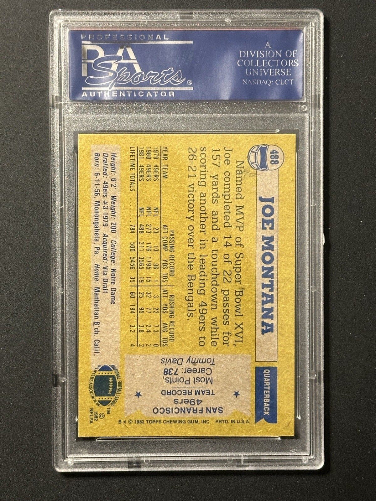 1982 Topps Football PSA 9 #488 Joe Montana 2nd Year WELL CENTERED view 2