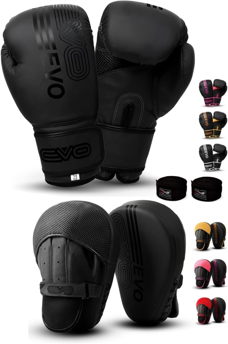 EVO Fitness Matte Black Boxing Gloves and Pads Set Punching Focus Mitts