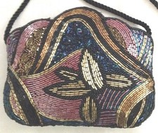 Multicolored 7X8" ANDRE CELLINI Beaded Purse w Magnetic Snap Closure 38" Handle