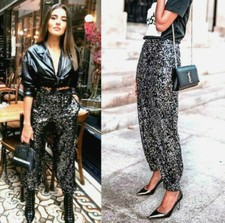 NEW ZARA WOMAN AW19 SEQUIN BLACK MID WAIST TROUSERS PANTS REF. 2731/268