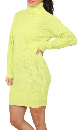 Womens Polo Roll Neck Knitted Jumper Dress Long Sleeve Florescent Sweater Top - Picture 15 of 33