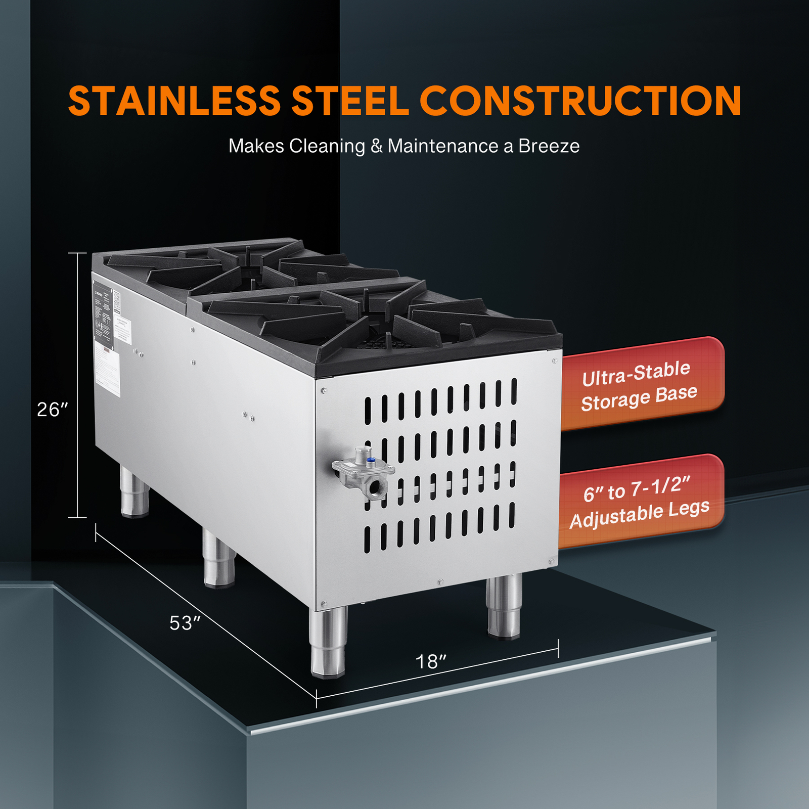 Secondhand 53" Commercial Gas Range, 2 Burner Gas Stove with Total 160000 BTU