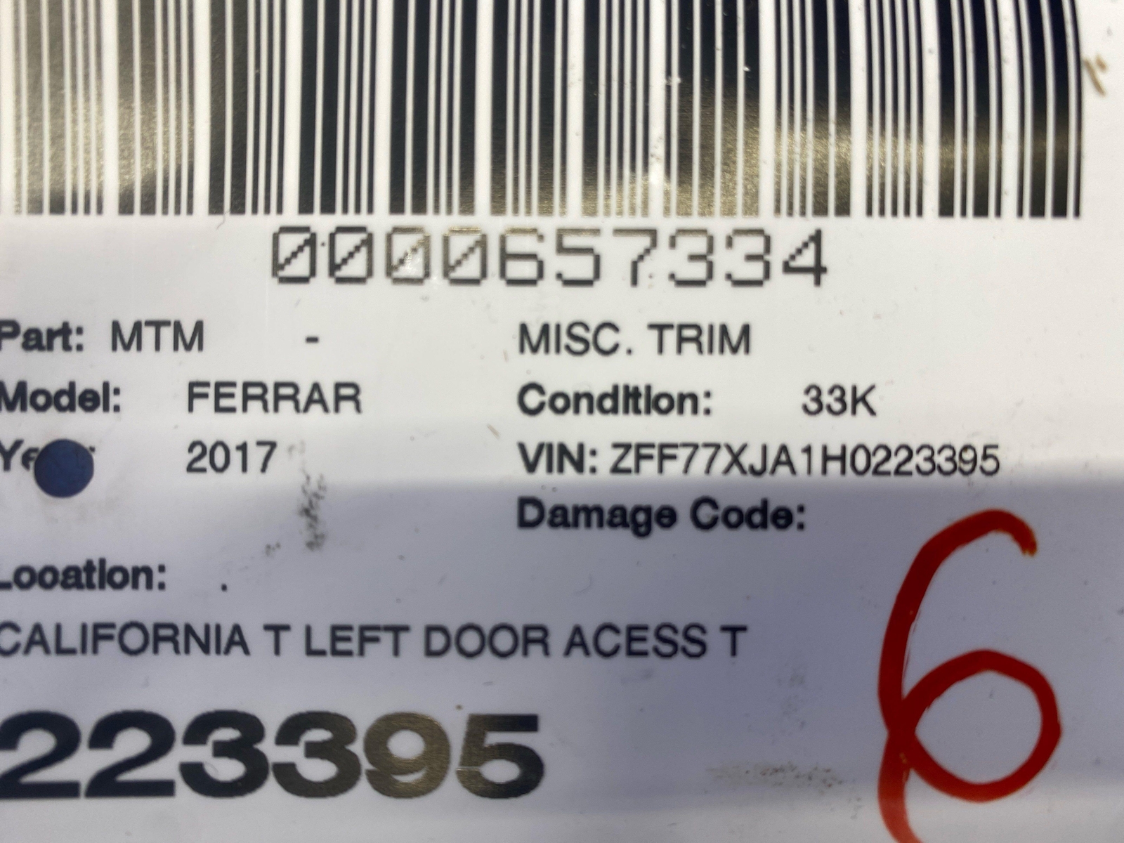 2015-2018 FERRARI CALIFORNIA T LEFT DOOR ACESS COVER PANEL BLACK CARPET 86061500