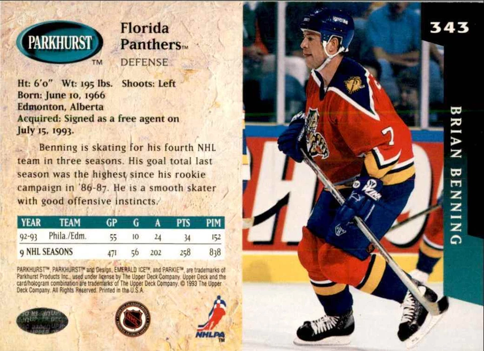 1993-94 PARKHURST BRIAN BENNING FLORIDA PANTHERS #343 - Image 2 of 2