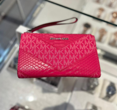 Michael Kors Large Double Zip Wristlet Credit Card Wallet in Electric Pink  Multi