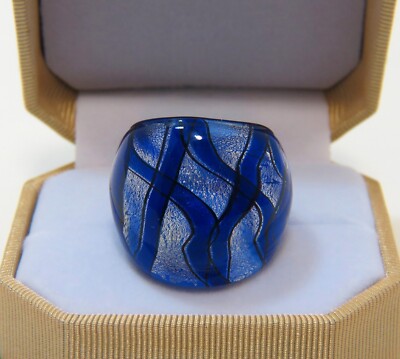 Chunky Cobalt Blue Loose Plaid Silver Foil Hand Blown Glass Bling Ring Sz 7