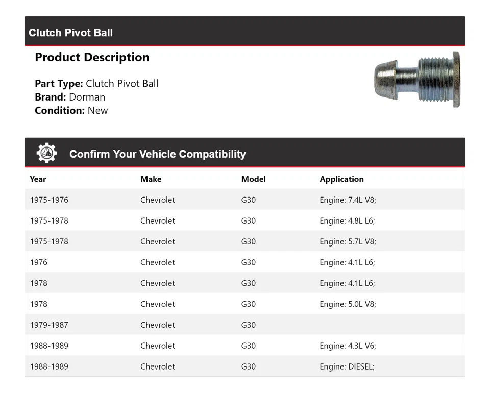 For 1975-1989 Chevrolet G30 Dorman Clutch Pivot Ball 1976 1977 1978 1979 1980 - Image 2 of 4