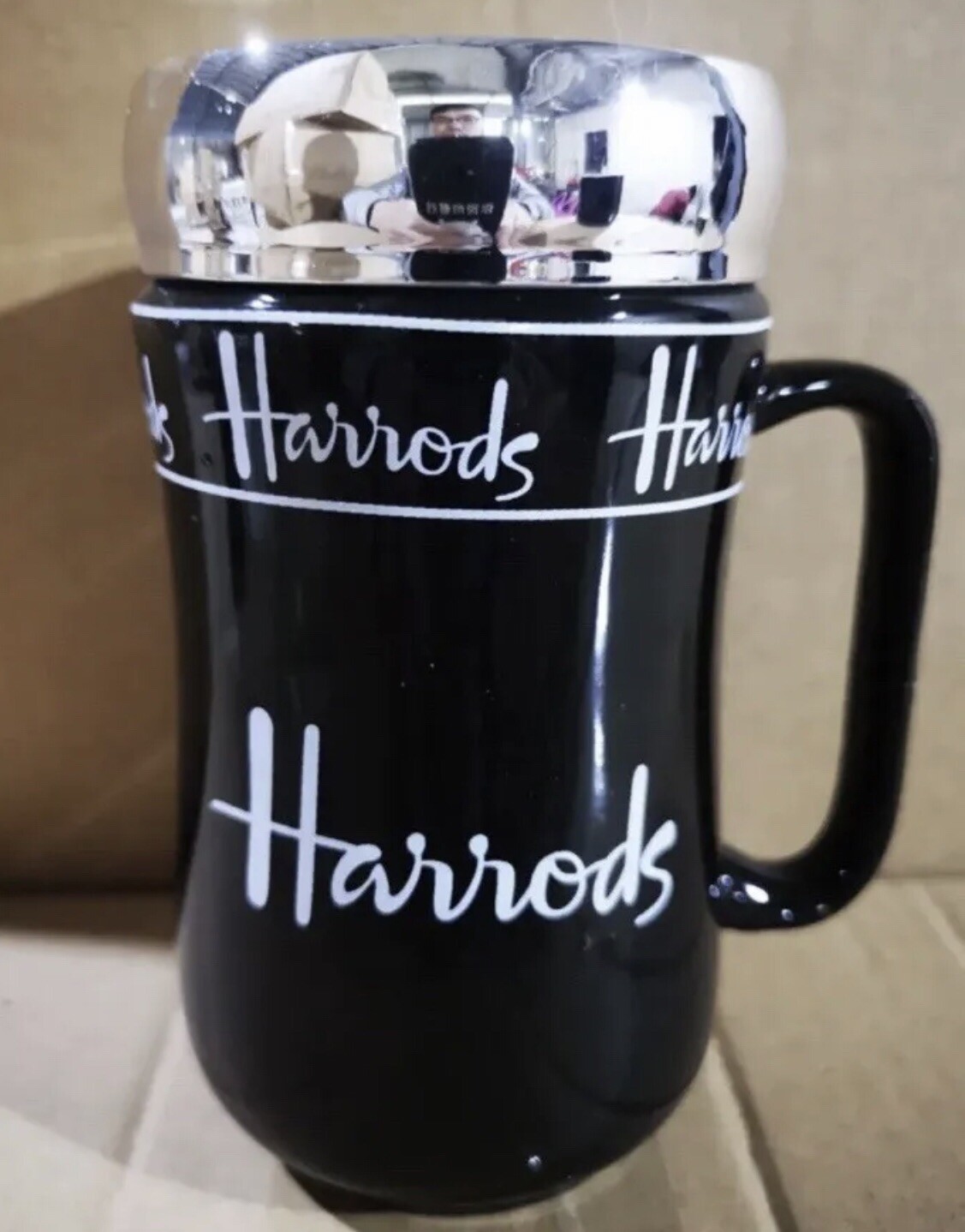 Harrods Travel Mug with Lid Black White Coffee Tea Hot Cold Drinks
