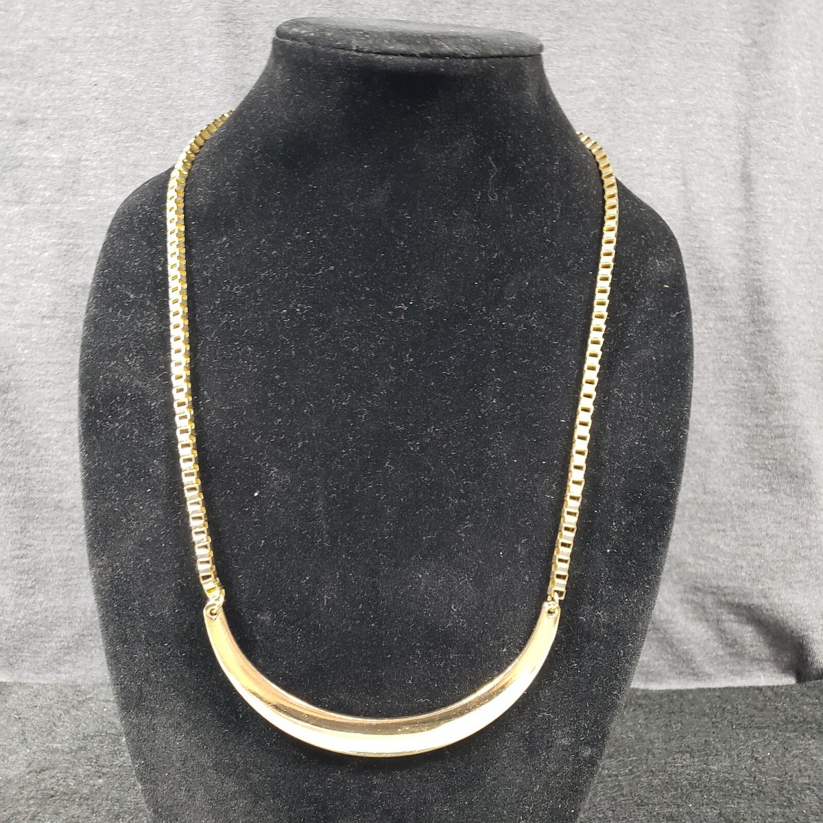Box Chain Statement Necklace Gold Tone Crescent Moon Modernist