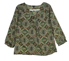 Talbots Tunic Top Popover Sz 12 Green Paisley Floral Button Cuff V Neck   