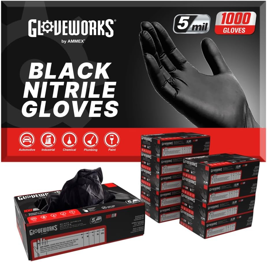 Black Nitrile Gloves Disposable Latex Free, 5 Mil Industrial, for Mechanic, Clea