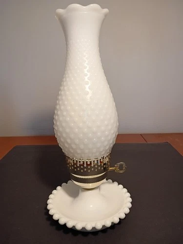 Vintage Hob Nail Milk Glass Side Table Lamp 13 1/2" Tall Cozy Victorian Look
