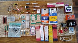 Lot Of Vintage Fishing Gear Reels Lures & Other Tackle Box Goodies