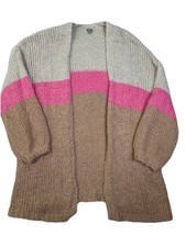 Aerie Chunky Knit Cardigan Sweater Medium Beige Brown Pink Cozy Grannie Wool