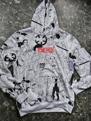 One Piece Boa Hancock AOP Luffy Pirate Embroidered Logo Grey Hoodie Mens M NWT