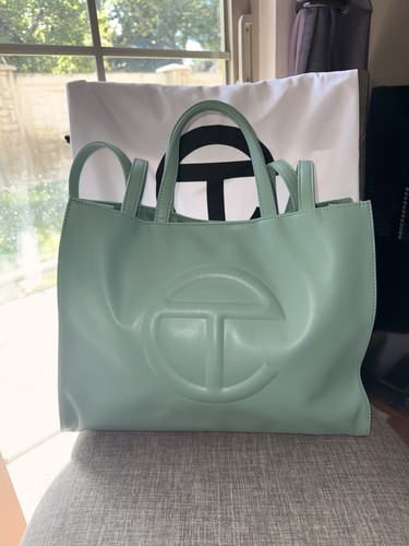 Telfar Medium Shopping Bag SAGE Green Tote Vegan Leather Logo Embossed Shoulder