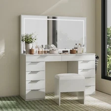 Vanity Desk with LED Lighted Mirror & Charging Ports 11-Drawer Makeup Table Set