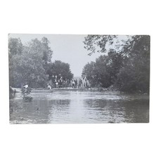 Antique RPPC Group Of Men And Boys On Dock Or Bridge Row Boats