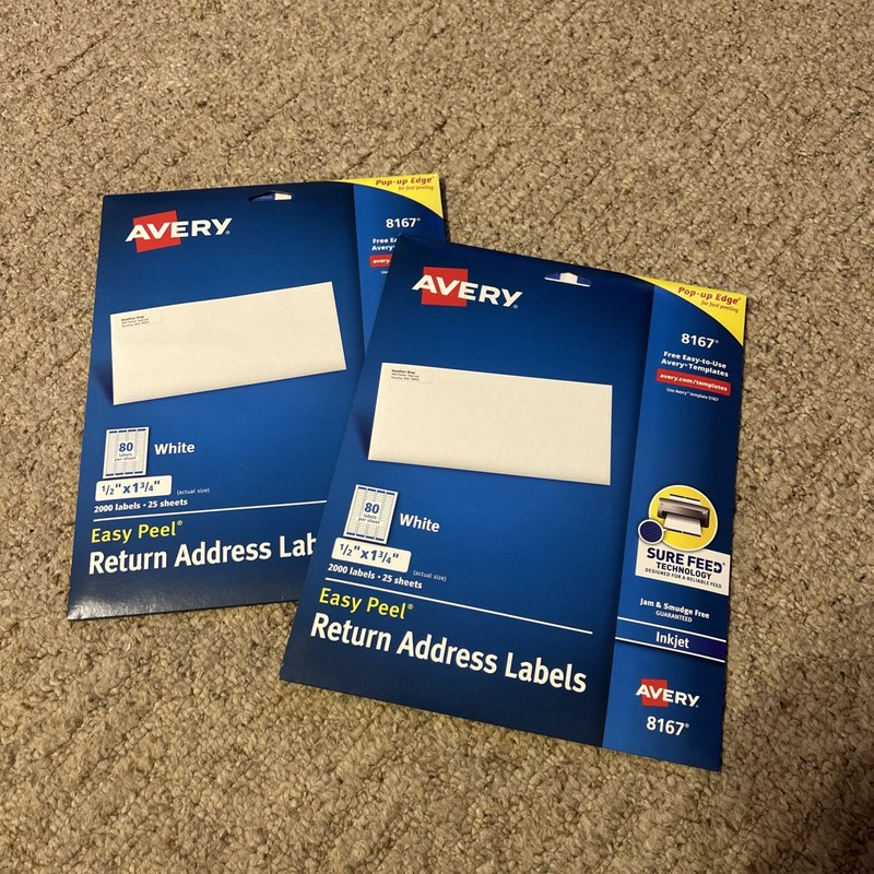2 Avery Easy Peel White Address Labels, 0.5x1.75, White, 80/Sheet, 25 Sheets