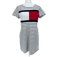 Tommy Hilfiger Nautical Preppy Striped Shirt Dress Red White Blue Coastal LARGE