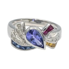 18k White Gold 1.40CT Diamond Tanzanite Sapphire Ruby Ribbon Ring Size 7