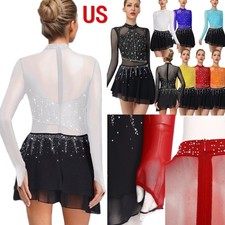 US Womens Lyrcial Dance Leotard Long Sleeve Modern Figure Skating Bodysuit Dress