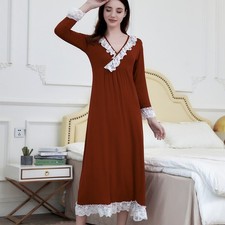 Damen Nachthemd Modal Spitze V-Ausschnitt Langarm Schlafkleid Nightgwon Pyjama