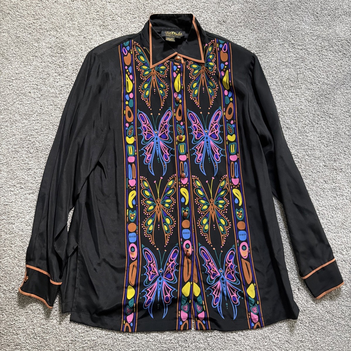 Bob Mackie Wearable Art ベロア調デザインシャツ Vintage Bob Mackie Wearable Art Silk Shirt Butterfly Retro Black