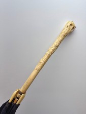 ATQ VTG Asian Hand Carved Bone Parasol Handle Umbrella Signed Chinese SEE VIDEO