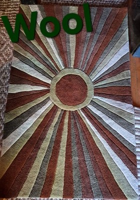 Luxurious 100% Wool   Rust/Olive SUNBURST Hand-made Rug  3'x5' 100% Cotton Base
