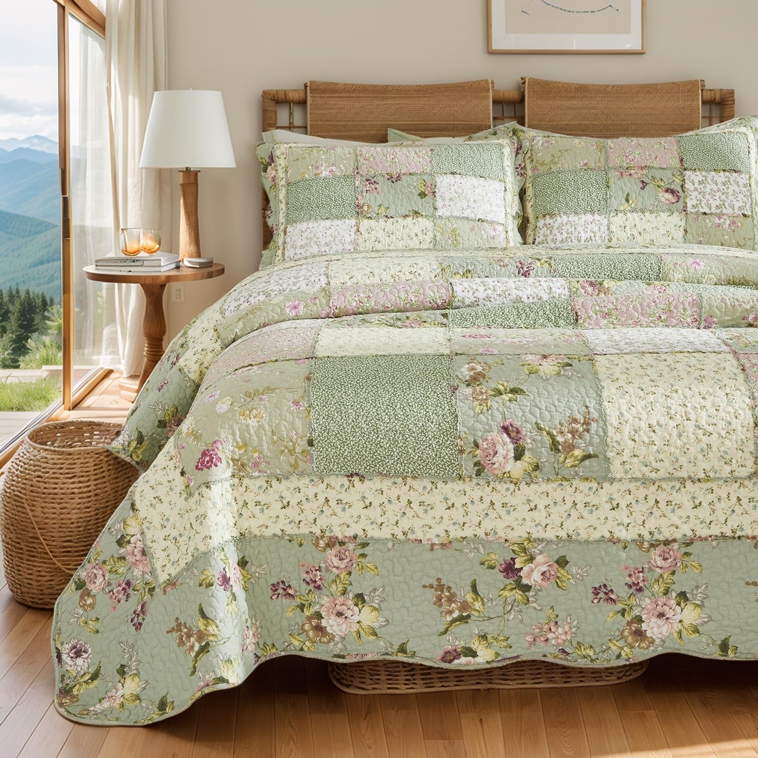 King Size Quilt Set Cotton Patchwork Quilts Green Rose Floral Quilted Comfort...