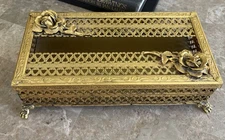 Vintage Gold Tone Filigree Tissue Box w/Claw Feet (2 pc.) Hollywood Regency USA