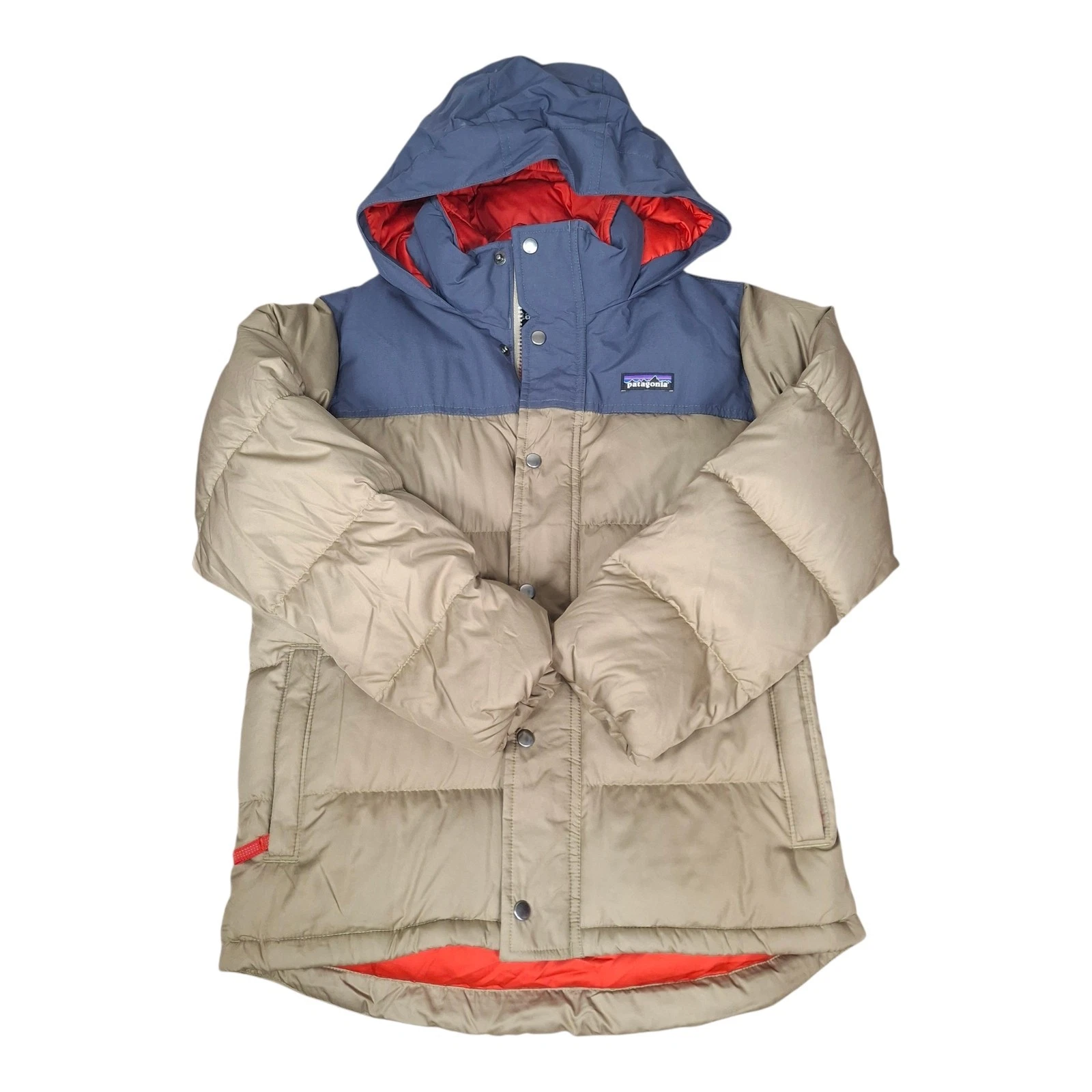 Patagonia Kids Down Hooded Puffer Jacket Size M 10 Tan Blue Orange Winter Coat
