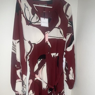 Premier Amour Floral Belted Midi Dress Burgundy Multi Long Sleeve 16