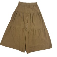 Japna Tiered Skirt Brown Button Front Slit Elastic Waist XS Boho Cottage Fairy
