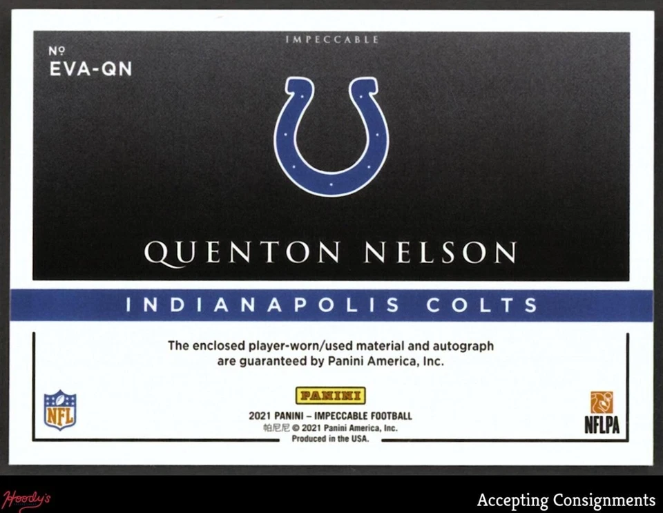 2021 Panini Impeccable Elegance Veteran Quenton Nelson PATCH AUTO 47/50 - Image 2 of 2