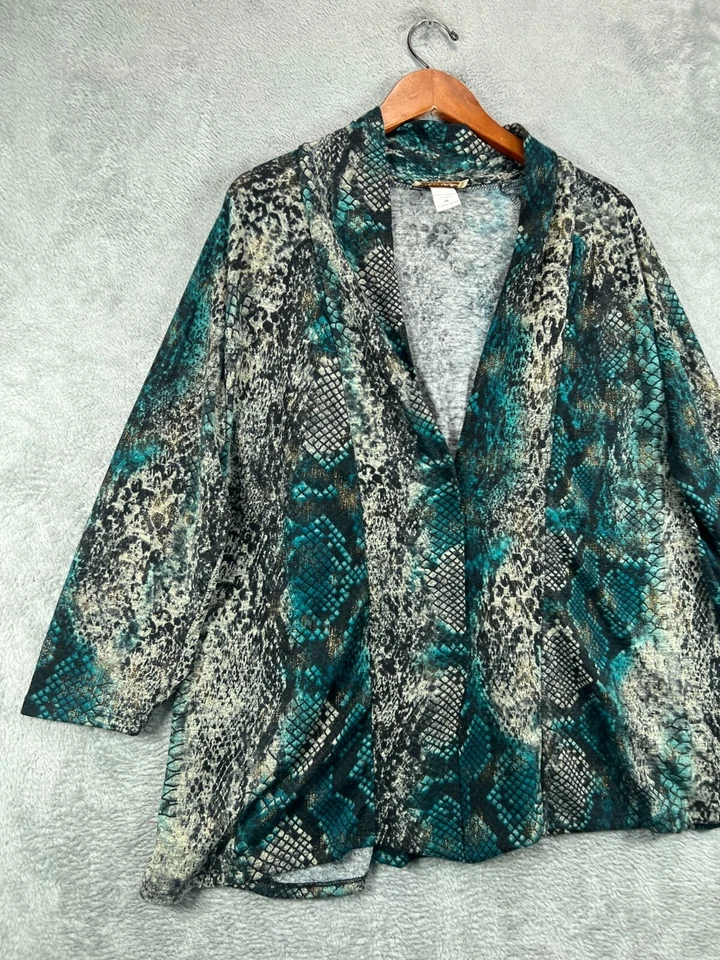 女式开衫掸子中号 DAVINA 绿色米色金属蛇开口长袖 — 第 4/4 张图片