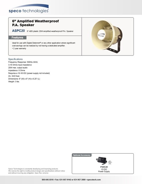Speco ASPC20 20W 6" Weatherproof Amplified PA Speaker Speco ASPC20 20W 6" Weatherproof Amplified PA Speaker