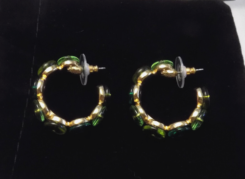 Oscar de la Renta Resin Gold Plated Dome Multi shades Green clear Hoop Earrings - Picture 5 of 9
