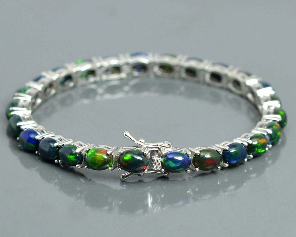 Precioso Negra Natural Ópalo Pulsera, 925 Plata de Ley, Tenis Brazalete, Regalo - Imagen 3 de 4