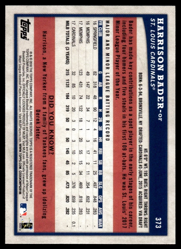 2018 Topps Big League GOLD Harrison Bader Rookie St. Louis Cardinals #373 R31 - Image 2 of 2