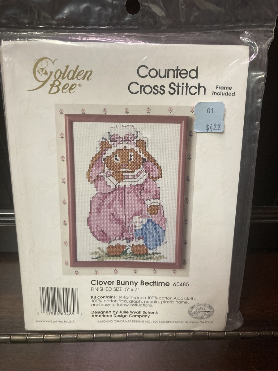 VTG Goldern Bee Cross Stitch Kit Clover Bunny Bedtime #60485 Frame