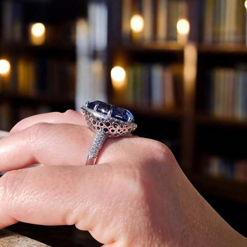 14K Gold Ring with 26.10 Ct Pear Cut Lab Grown Blue Sapphire and Natural Diamond - Picture 9 of 13