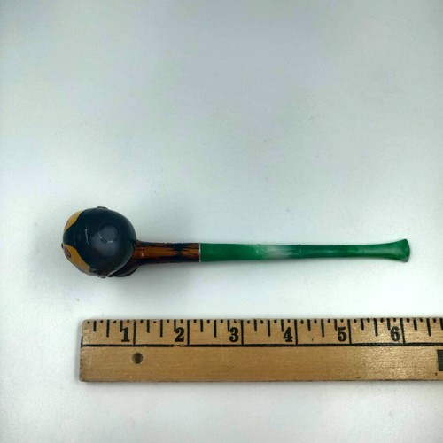 Unique Wood Pipe Asian Style Painted Head with Green Plastic Tip Small Bowl - Picture 5 of 9