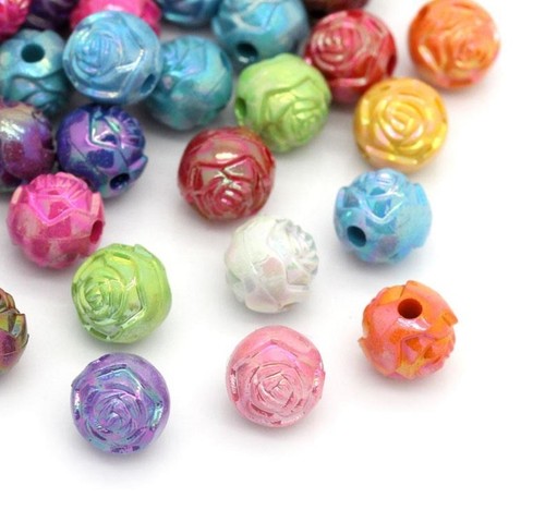 Flower Rose Acrylic Beads - 8mm Dia- AB Coated Shiny - Mixed Colours - 200 Beads - Picture 2 of 3