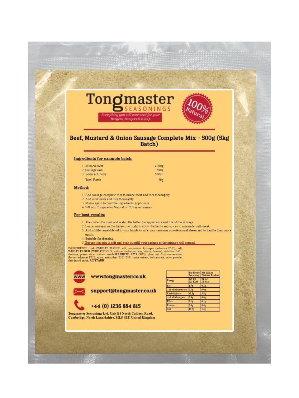 Beef, Mustard & Onion Sausage Complete Mix - 500g (5kg Batch)