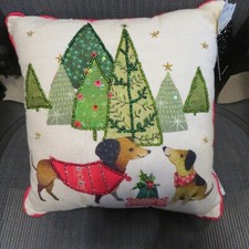 Dachshund Christmas Holiday Toss Throw Pillow Sparkle Beading Trees NWT