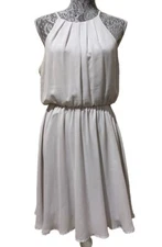 Lush Womens Dress Large Gray Pleated Mini Halter Flowy Blouson Sheer Strappy