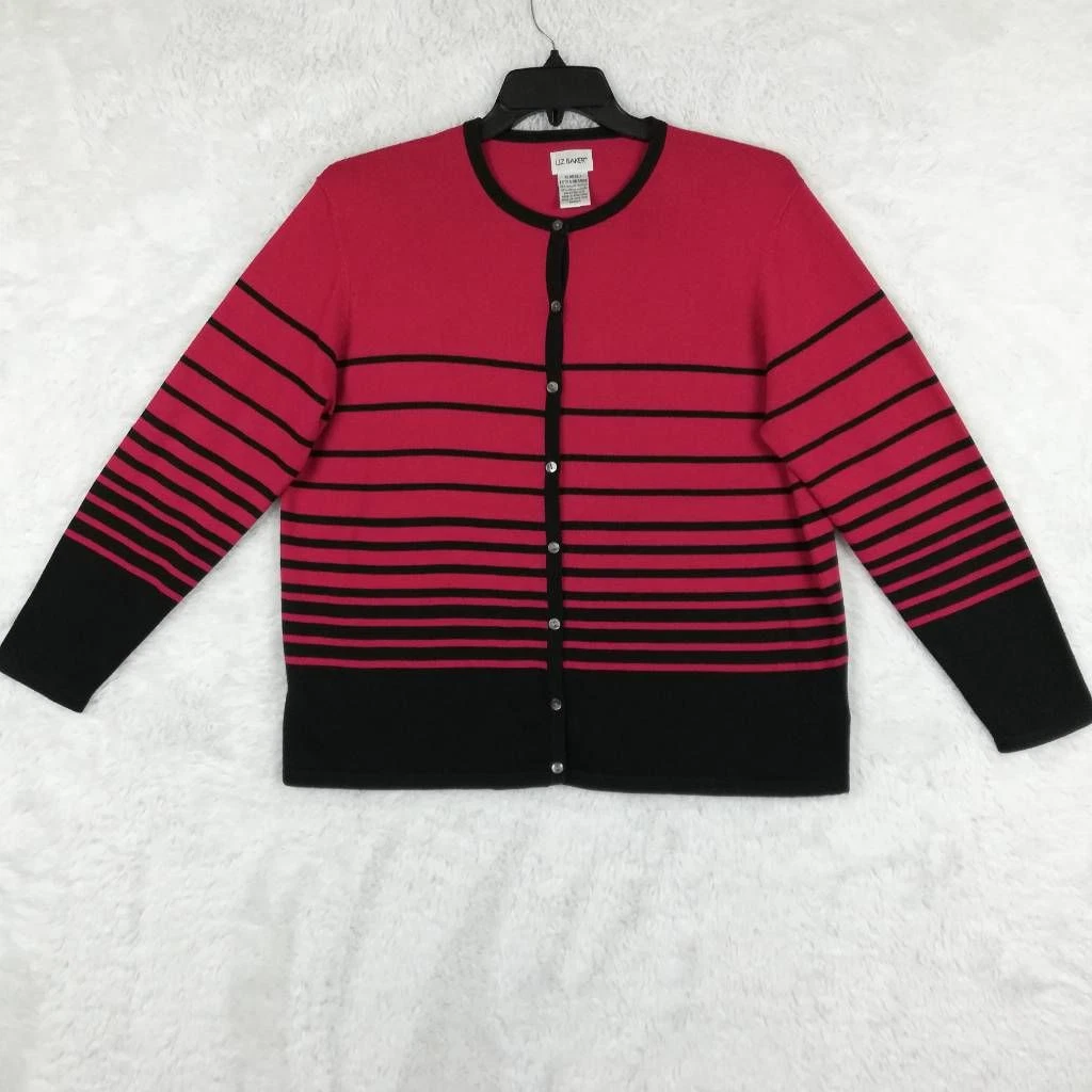 Liz Baker Womens Cardigan Sweater Red Black Striped Long Sleeve