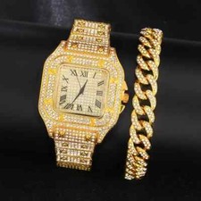 MEN HIP HOP STYLE LUXURY SQUARE WATCH ICED CUBIC ZIRCONIA CUBAN BRACELET SET